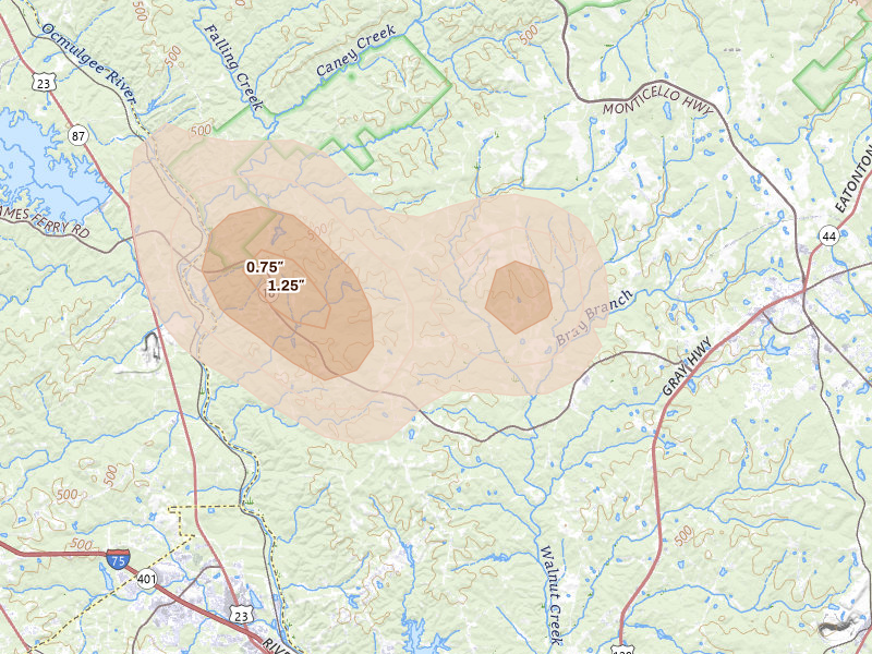 Radar-estimated hail-size map of the storm over Gray, GA on May 17, 2026