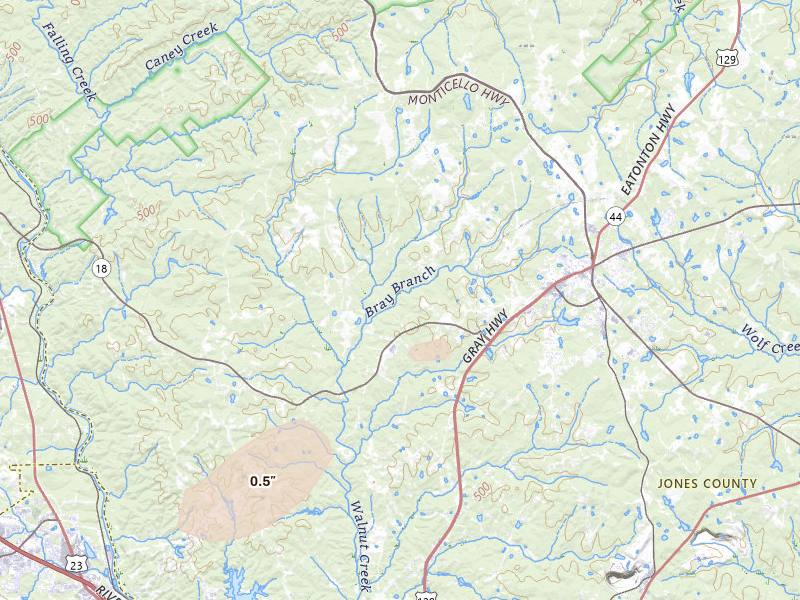 Radar-estimated hail-size map of the storm over Gray, GA on Aug 2, 2026