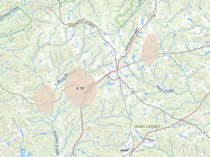Radar-estimated hail-size map of the storm over Gray, GA on Aug 5, 2026