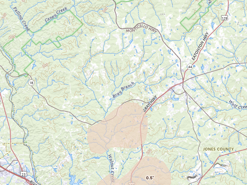 Radar-estimated hail-size map of the storm over Gray, GA on Aug 21, 2026