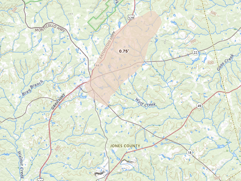 Radar-estimated hail-size map of the storm over Gray, GA on Sep 5, 2026