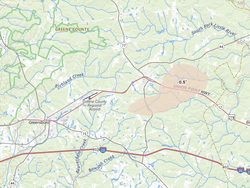 Radar-estimated hail-size map of the storm over Greensboro, GA on Jun 27, 2026