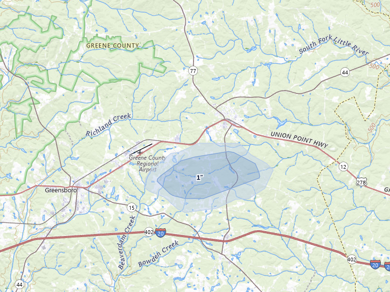 NEXRAD radar-signature map of the hail storm over Greensboro, GA on Jun 27, 2026
