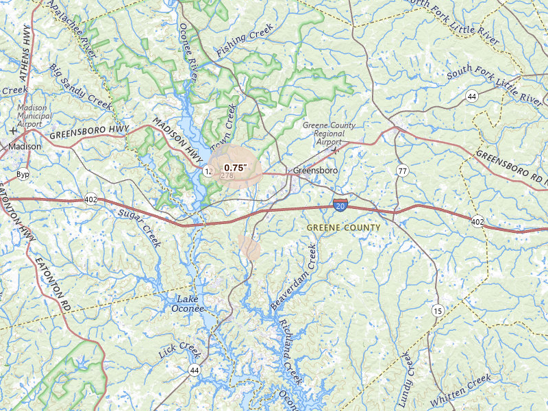Radar-estimated hail-size map of the storm over Greensboro, GA on Aug 10, 2026