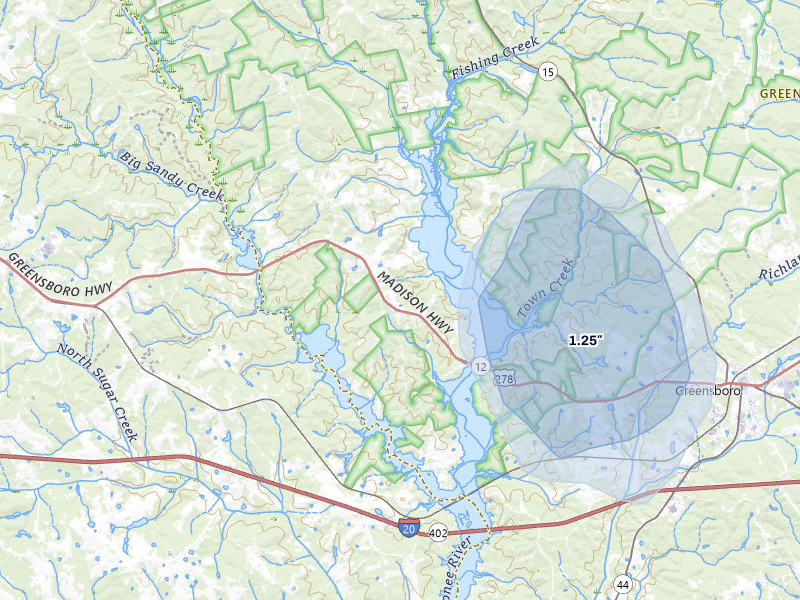 NEXRAD radar-signature map of the hail storm over Greensboro, GA on Aug 10, 2026