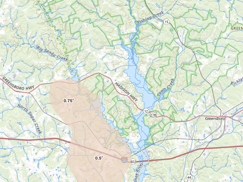 Radar-estimated hail-size map of the storm over Greensboro, GA on Aug 11, 2026