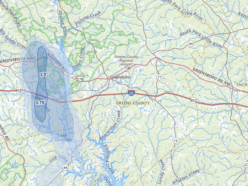 NEXRAD radar-signature map of the hail storm over Greensboro, GA on Aug 11, 2026