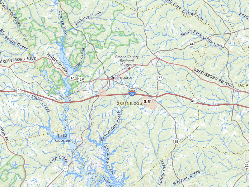 Radar-estimated hail-size map of the storm over Greensboro, GA on Aug 27, 2026
