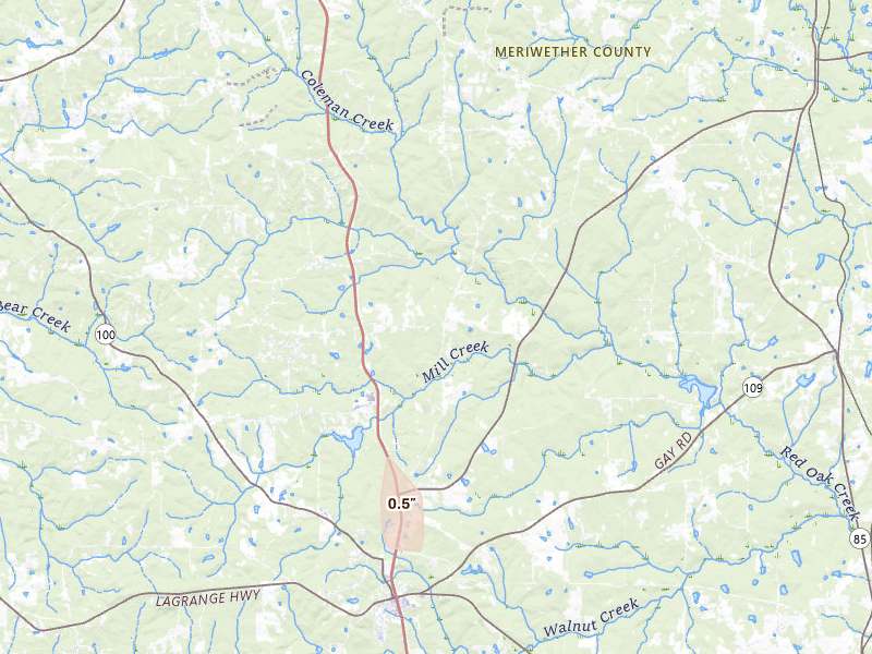 Radar-estimated hail-size map of the storm over Greenville, GA on Jul 16, 2026