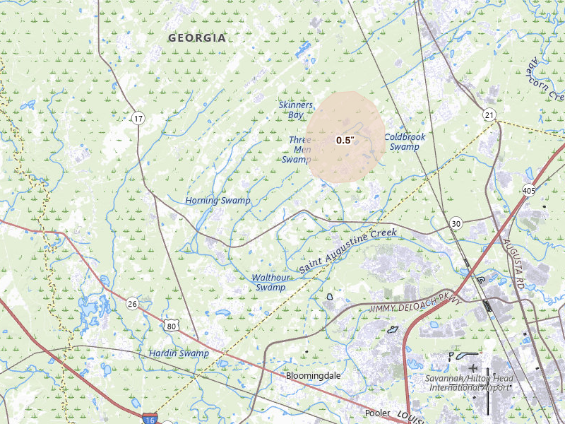 Radar-estimated hail-size map of the storm over Guyton, GA on Jul 6, 2026