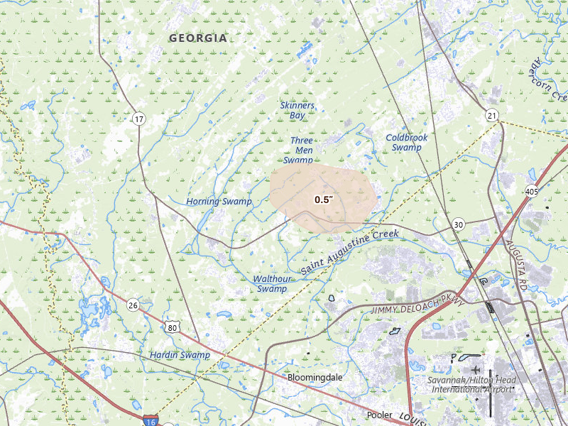 Radar-estimated hail-size map of the storm over Guyton, GA on Aug 10, 2026