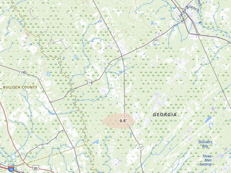 Radar-estimated hail-size map of the storm over Guyton, GA on Aug 22, 2026