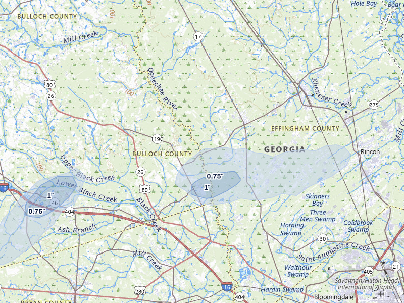 NEXRAD radar-signature map of the hail storm over Guyton, GA on Aug 22, 2026