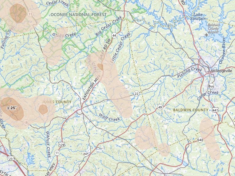 Radar-estimated hail-size map of the storm over Haddock, GA on May 17, 2026