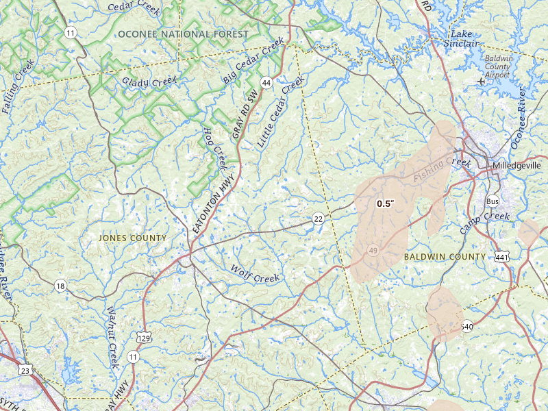 Radar-estimated hail-size map of the storm over Haddock, GA on May 22, 2026