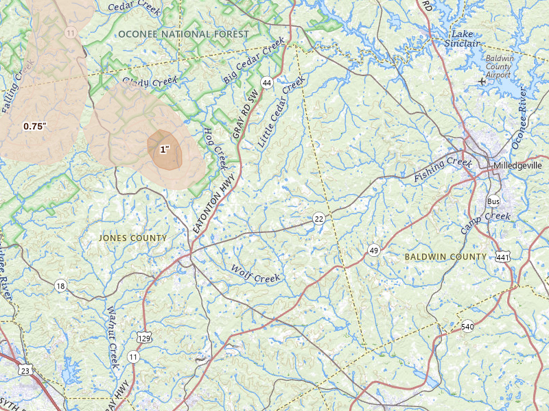 Radar-estimated hail-size map of the storm over Haddock, GA on Jul 9, 2026