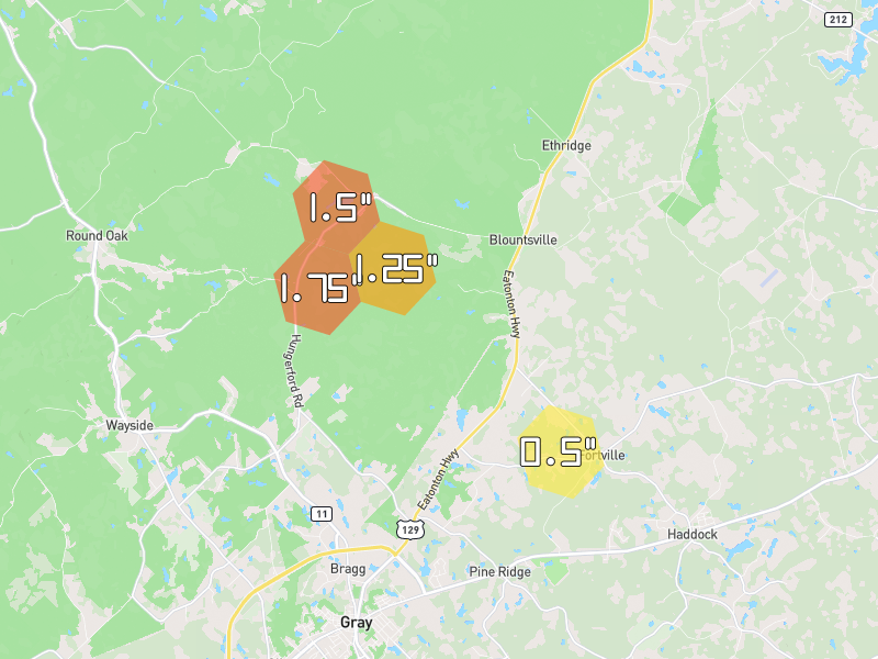 Hail map of Haddock, GA on Jul 9, 2026, hail up to 1.75"
