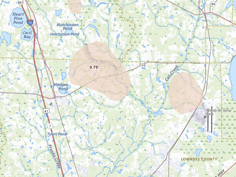 Radar-estimated hail-size map of the storm over Hahira, GA on May 17, 2026