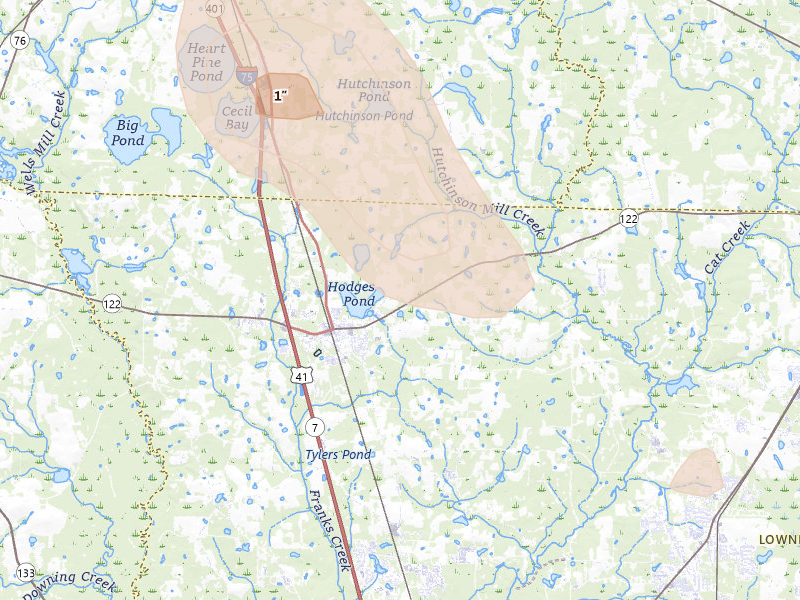 Radar-estimated hail-size map of the storm over Hahira, GA on Aug 12, 2026