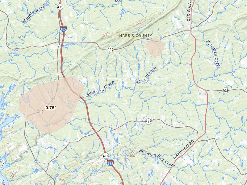 Radar-estimated hail-size map of the storm over Hamilton, GA on Aug 13, 2026
