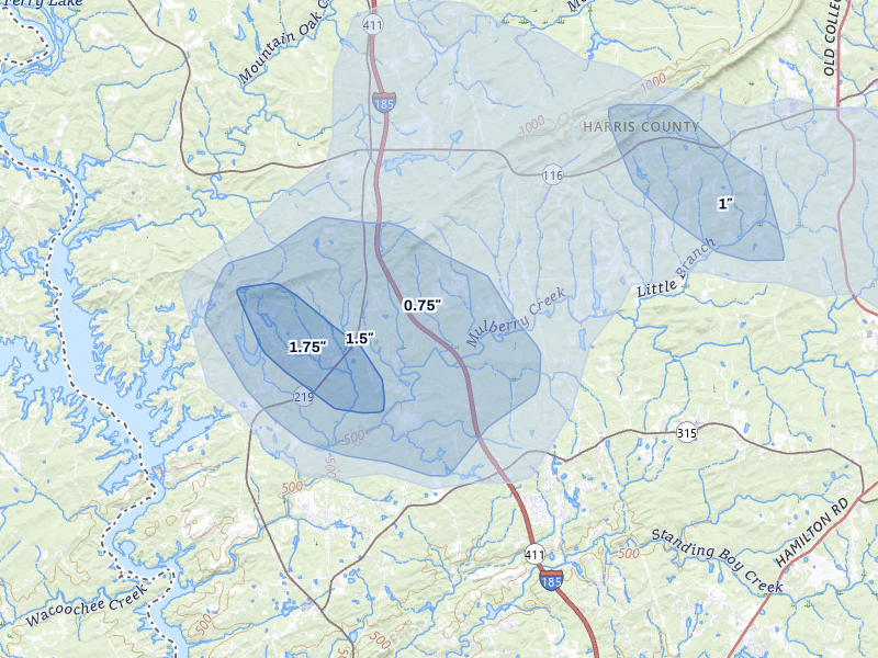NEXRAD radar-signature map of the hail storm over Hamilton, GA on Aug 13, 2026
