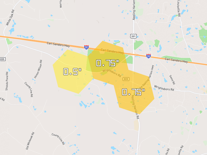 Hail map of Harlem, GA on Jul 11, 2026, hail up to 0.75"