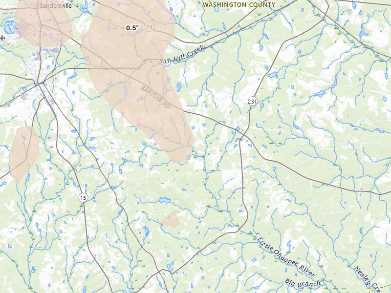 Radar-estimated hail-size map of the storm over Harrison, GA on Jul 17, 2026