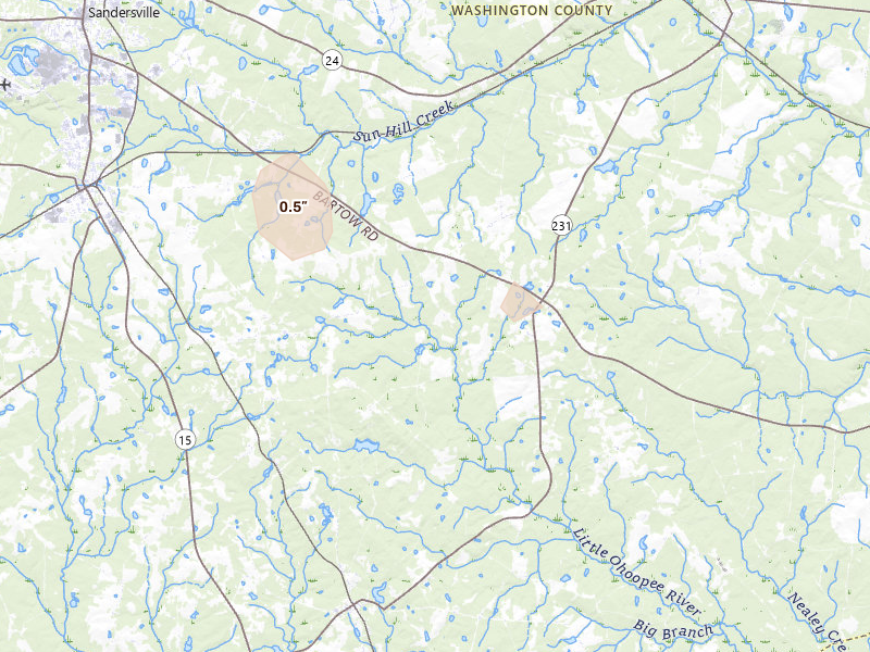 Radar-estimated hail-size map of the storm over Harrison, GA on Aug 16, 2026