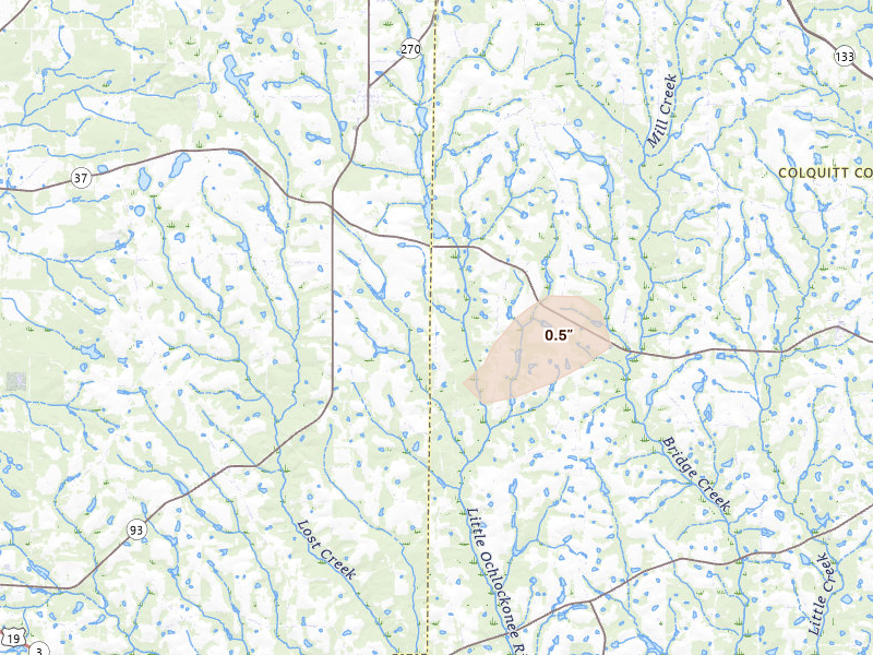 Radar-estimated hail-size map of the storm over Hartsfield, GA on Jul 10, 2026