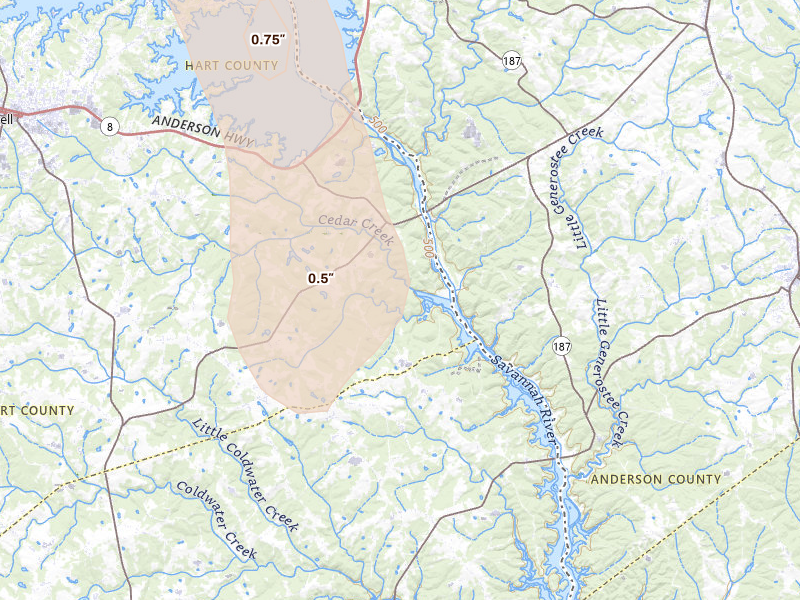 Radar-estimated hail-size map of the storm over Hartwell, GA on Jun 1, 2026