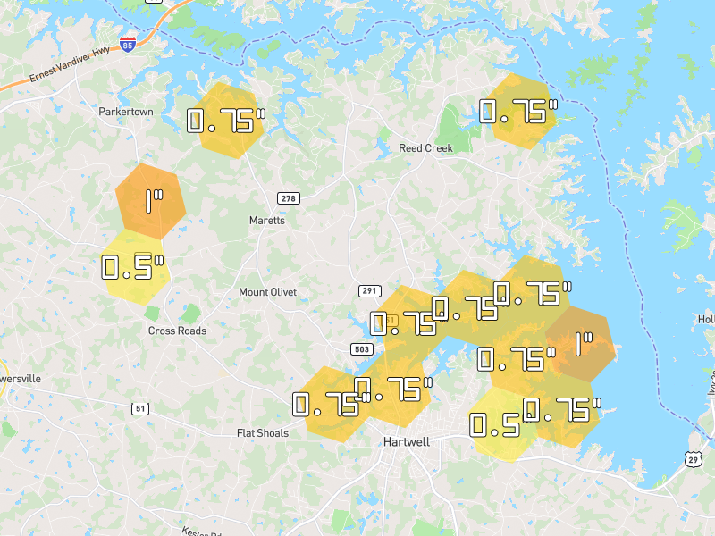 Hail map of Hartwell, GA on Jul 2, 2026, hail up to 1"