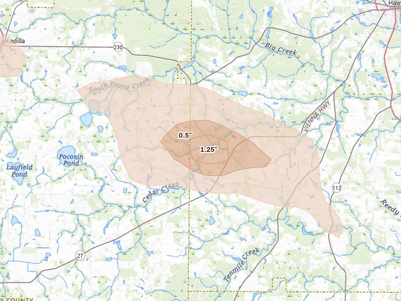 Radar-estimated hail-size map of the storm over Hawkinsville, GA on Jun 20, 2026