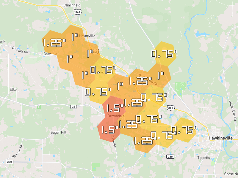 Hail map of Hawkinsville, GA on Jul 9, 2026, hail up to 1.5"