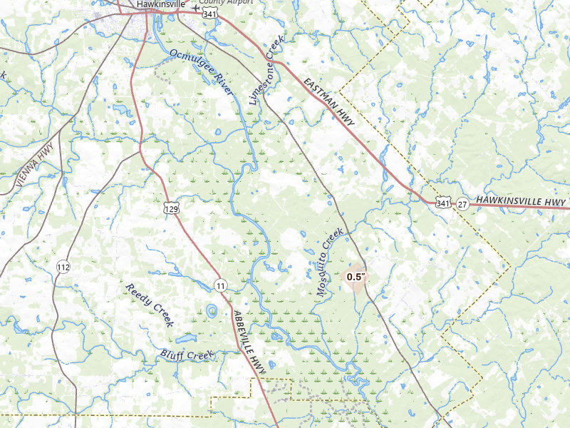 Radar-estimated hail-size map of the storm over Hawkinsville, GA on Jul 16, 2026