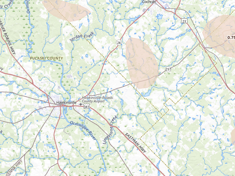 Radar-estimated hail-size map of the storm over Hawkinsville, GA on Aug 6, 2026
