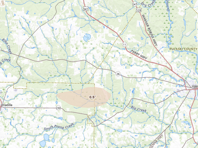 Radar-estimated hail-size map of the storm over Hawkinsville, GA on Aug 13, 2026