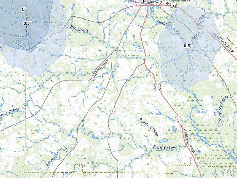 NEXRAD radar-signature map of the hail storm over Hawkinsville, GA on Aug 13, 2026
