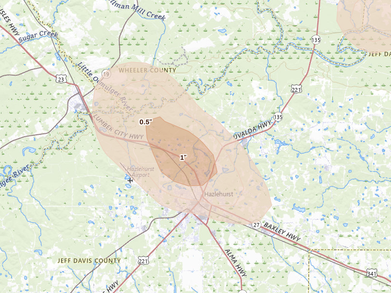 Radar-estimated hail-size map of the storm over Hazlehurst, GA on May 17, 2026