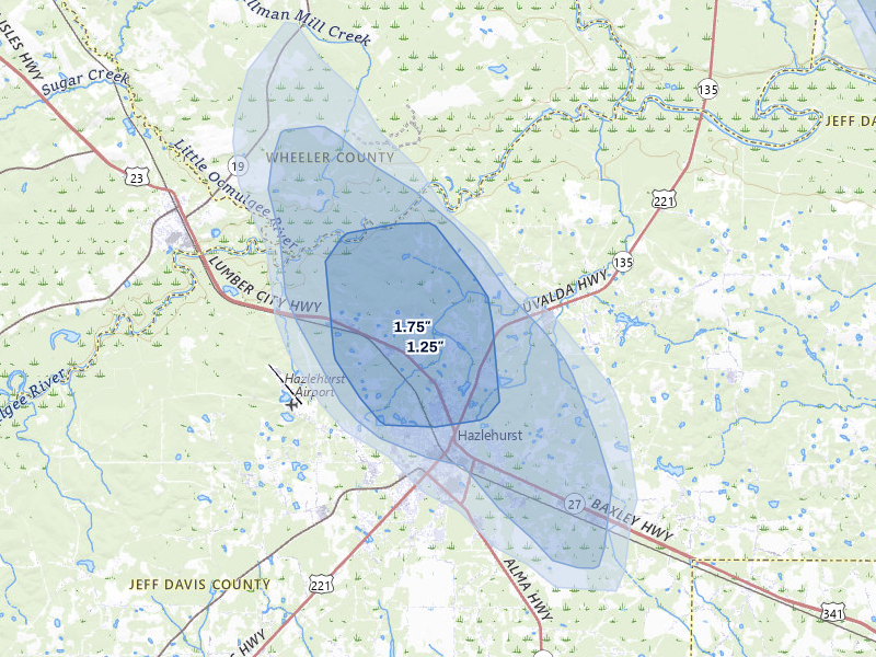 NEXRAD radar-signature map of the hail storm over Hazlehurst, GA on May 17, 2026
