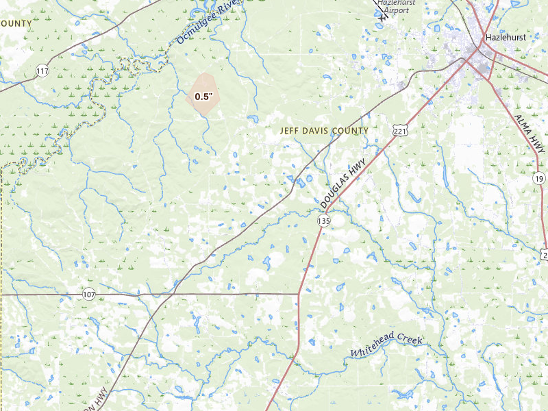 Radar-estimated hail-size map of the storm over Hazlehurst, GA on May 23, 2026