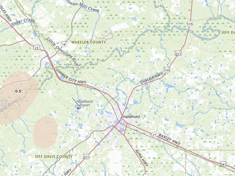 Radar-estimated hail-size map of the storm over Hazlehurst, GA on May 25, 2026
