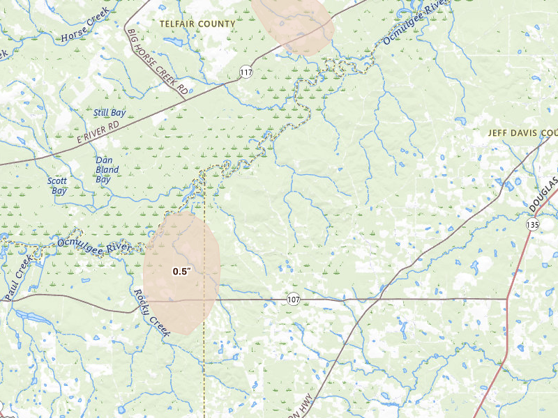 Radar-estimated hail-size map of the storm over Hazlehurst, GA on Aug 6, 2026