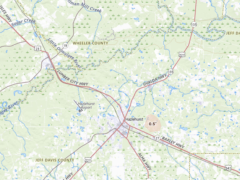 Radar-estimated hail-size map of the storm over Hazlehurst, GA on Aug 16, 2026