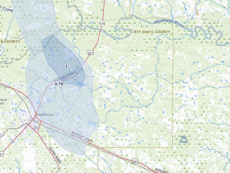 NEXRAD radar-signature map of the hail storm over Hazlehurst, GA on Aug 16, 2026