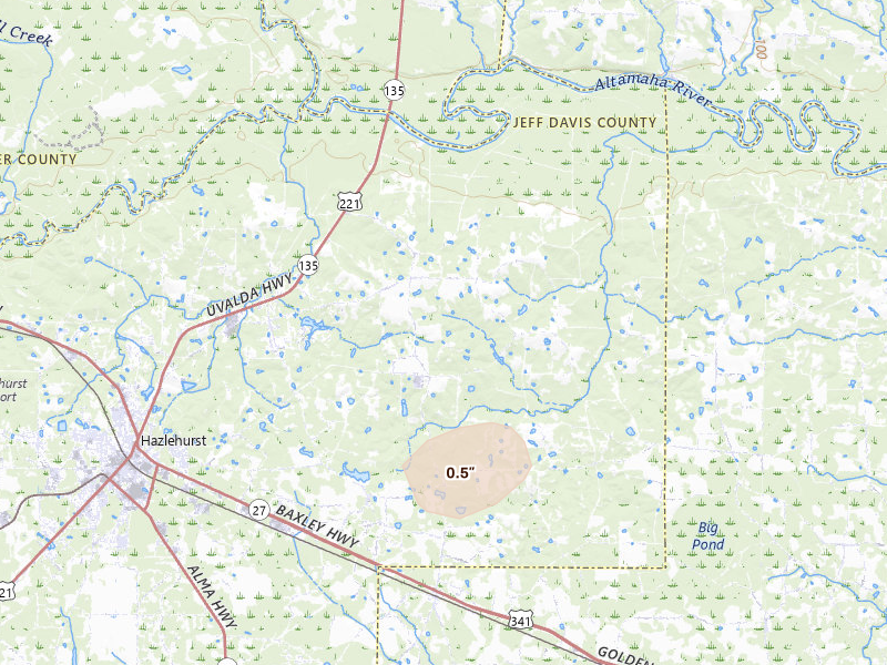 Radar-estimated hail-size map of the storm over Hazlehurst, GA on Aug 21, 2026