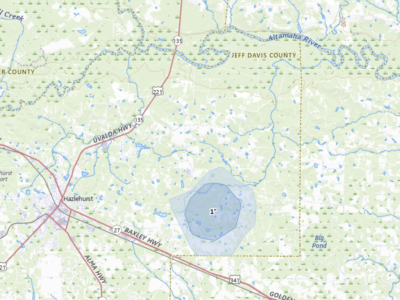 NEXRAD radar-signature map of the hail storm over Hazlehurst, GA on Aug 21, 2026