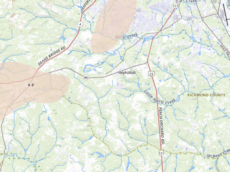 Radar-estimated hail-size map of the storm over Hephzibah, GA on May 23, 2026