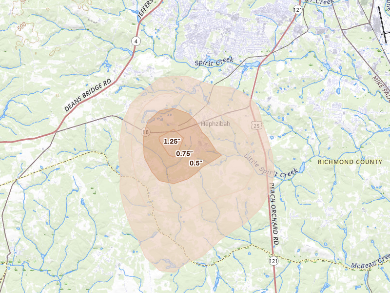 Radar-estimated hail-size map of the storm over Hephzibah, GA on Jun 29, 2026