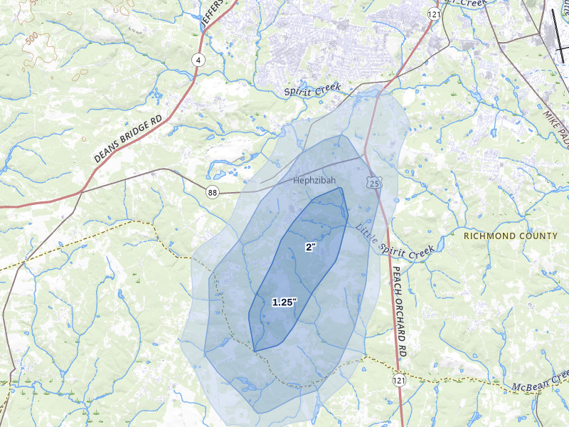 NEXRAD radar-signature map of the hail storm over Hephzibah, GA on Jun 29, 2026