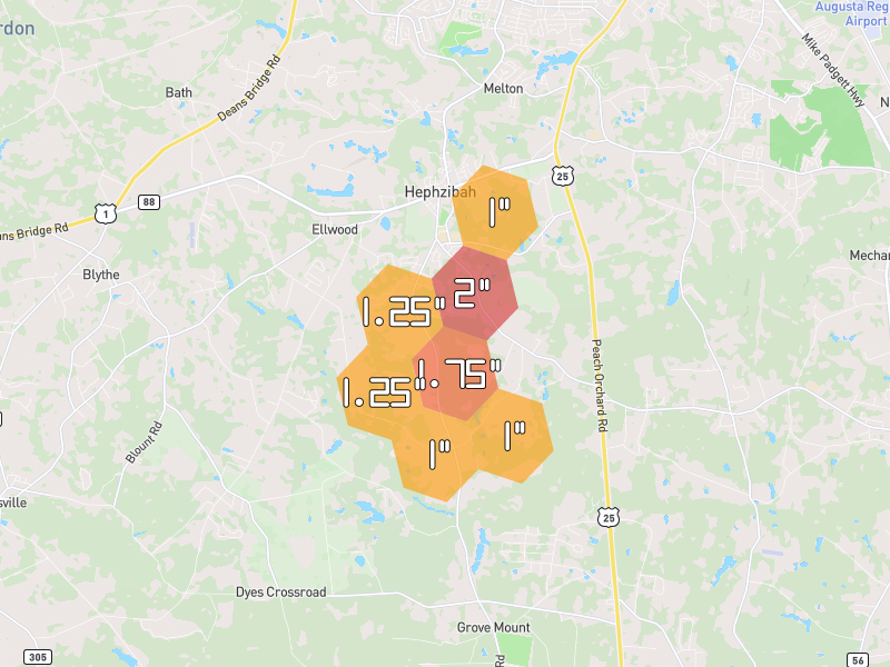 Hail map of Hephzibah, GA on Jun 29, 2026, hail up to 2"